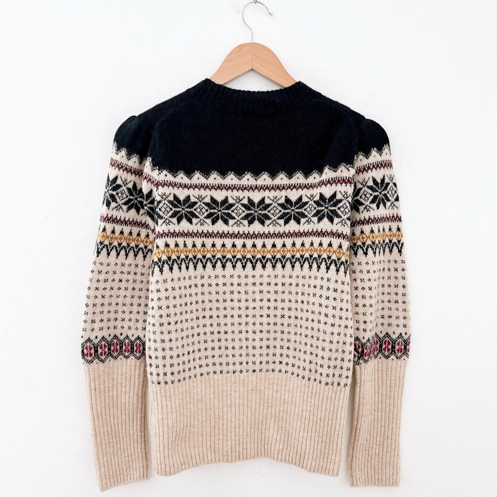 Fair Isle Sweater Puff Sleeve Crewneck Merino Wool Alpaca Preppy Small Cabincore - Picture 9 of 11